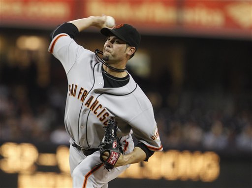 San Francisco Giants starting pitcher Ryan Vogelsong pitches to the San Diego Padres during the first inning of a baseball game Friday, Sept. 28, 2012 in San Diego. (AP Photo/Lenny Ignelzi)