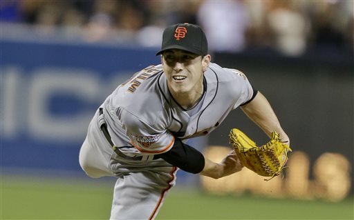 San Francisco Giants starting pitcher Tim Lincecum pitches in the ninth inning of his no hitter over the San Diego Padres in a baseball game in San Diego, Saturday, July 13, 2013. (AP Photo/Lenny Ignelzi)